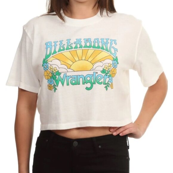 BILLABONG WRANGLER Made It Crop Tee Sz S White Floral Sun Logo Graphic Cotton - Picture 1 of 14